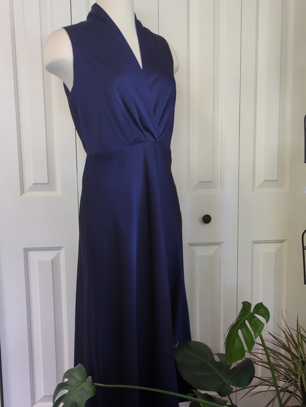 Elegant Royal Blue Silky V-Neck Maxi Dress